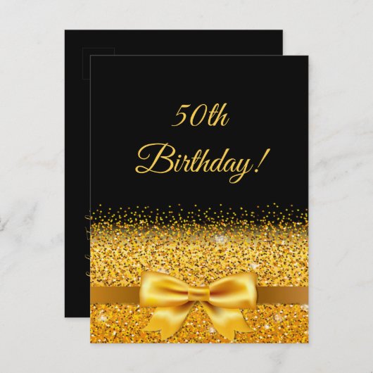 50e verjaardag op zwarte pagina met gouden booguit briefkaart (Voorkant / Achterkant)