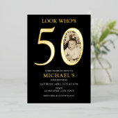 50e verjaardag oude foto goud folie uitnodiging (Staand Voorkant)