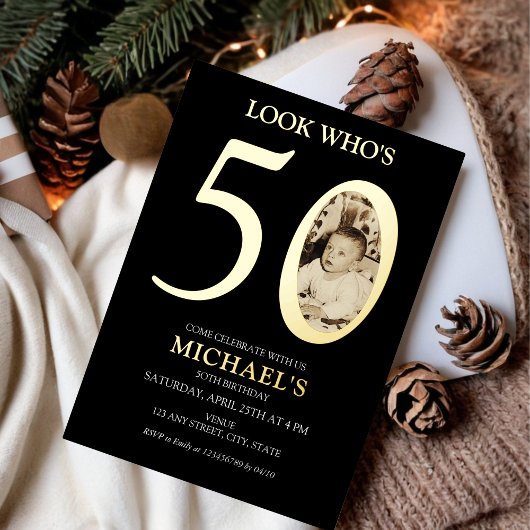 50e verjaardag oude foto goud folie uitnodiging