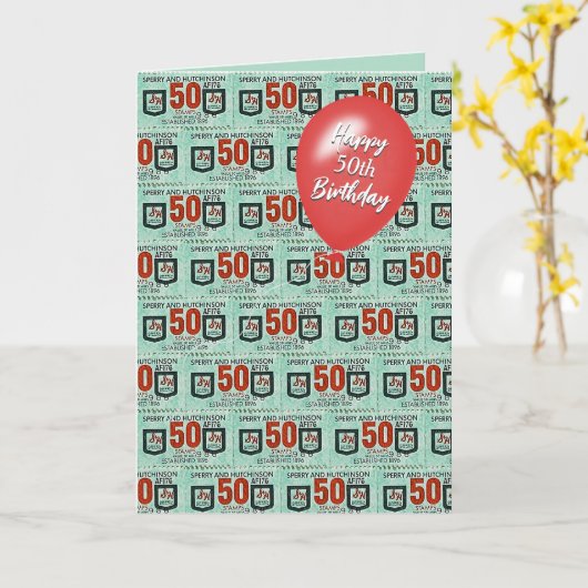 50e verjaardag ouderwetse groene postzegels kaart (Gele Bloem)