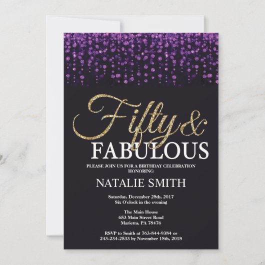50e verjaardag Paars en goudglitter Kaart (Voorkant)