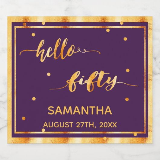 50e verjaardag paars goud hallo 50 naammanuscript sparkling wijnetiket (Enkel label)