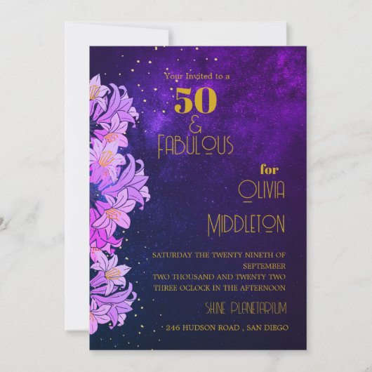 50e verjaardag Paarse Bloemen Goud Trendig Kaart (Voorkant)