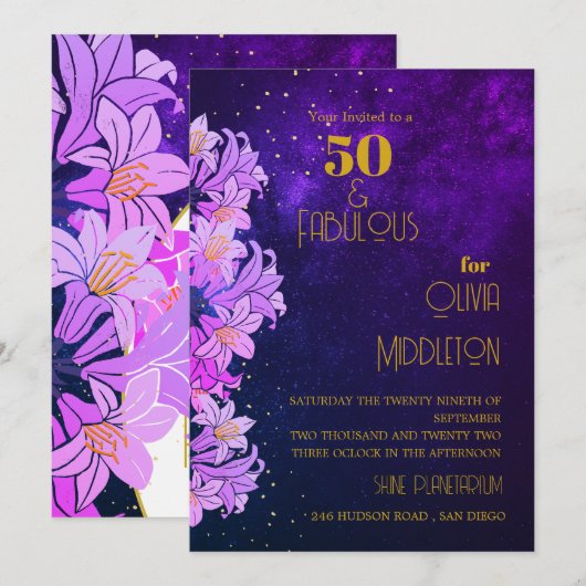 50e verjaardag Paarse Bloemen Goud Trendig Kaart (Voorkant / Achterkant)