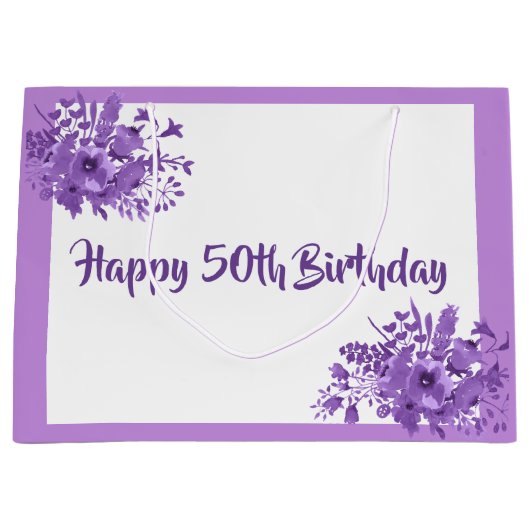 50e verjaardag paarse bloemen large cadeautasje (Voorkant)