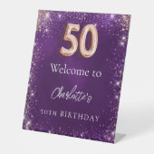 50e verjaardag paarse glitter schittert welkom reclamebord met voetstuk (Voorkant)