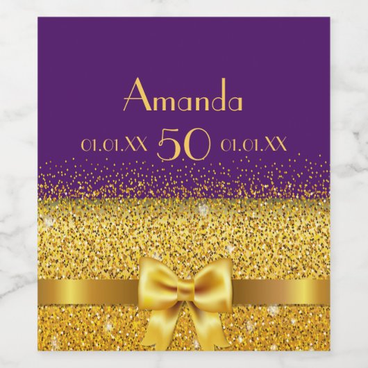 50e verjaardag paarse gouden boog naam wijn etiket (Enkel label)