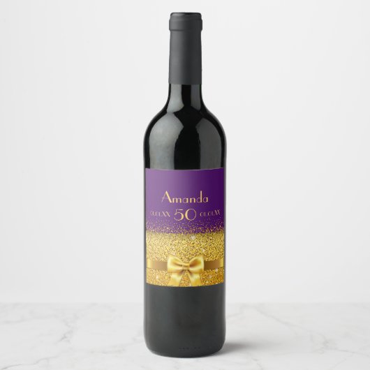 50e verjaardag paarse gouden boog naam wijn etiket (Voorkant)