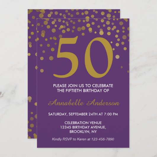 50e Verjaardag Paarse Gouden Confetti Dot Retro Ch Kaart (Voorkant / Achterkant)