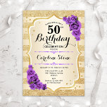 50e verjaardag - Paarse goudstapes Rozen Kaart<br><div class="desc">50e uitnodiging van de verjaardag. Elegant design in goud en paars. Met faux glitter Gold stripes,  paarse rozen en stijlvolle scriptlettertypen en confetti. Ideaal voor een glam verjaardagsfeestje.</div>