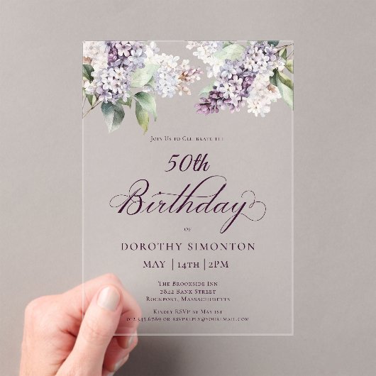 50e Verjaardag Paarse Lente Lila Bloem Acryl Uitnodigingen (Insitu (Draagbaar))