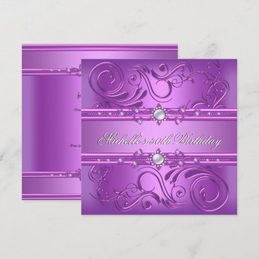 50e verjaardag Paarse Pink Pearl Jewel floral Kaart (Voorkant / Achterkant)