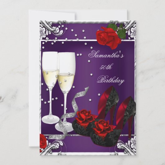 50e verjaardag Paarse rode rozenzilver Kaart (Voorkant)