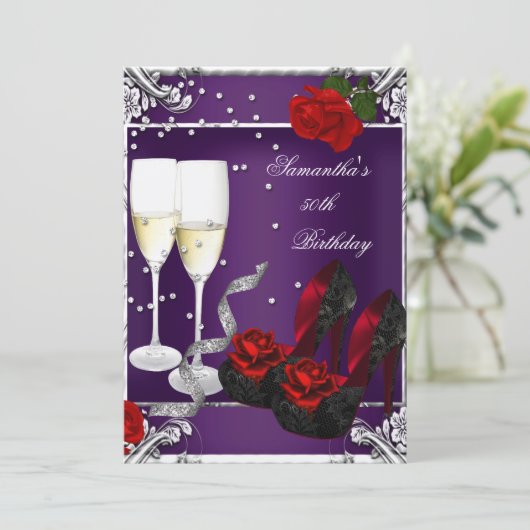 50e verjaardag Paarse rode rozenzilver Kaart (Staand voorkant)