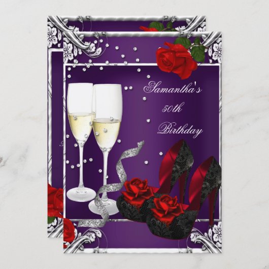50e verjaardag Paarse rode rozenzilver Kaart (Voorkant / Achterkant)