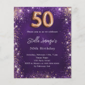 50e Verjaardag paarse roos gouden uitnodiging (Voorkant)