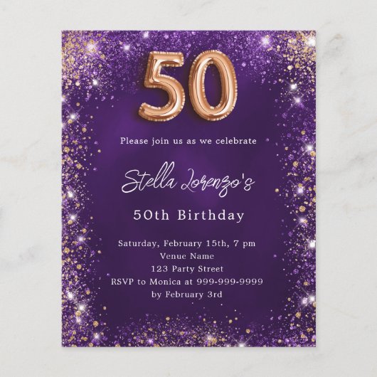 50e Verjaardag paarse roos gouden uitnodiging (Voorkant)
