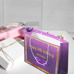 50e verjaardag paarse roze glitter monogram naam groot cadeauzakje
