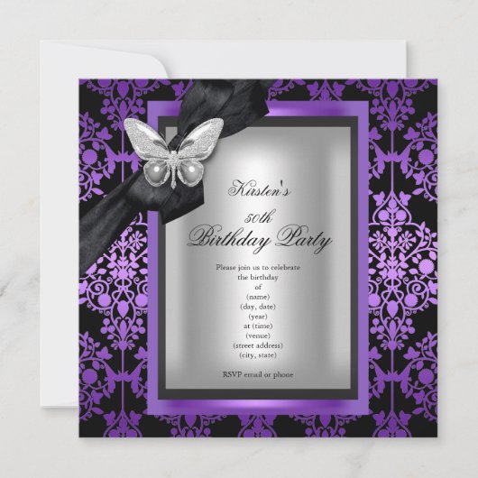 50e verjaardag Paarse Silver Damask Butterfly Kaart (Voorkant)