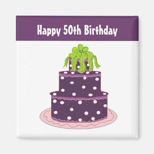 50e Verjaardag - Paarse Stippen Cake Magneet (Voorkant)