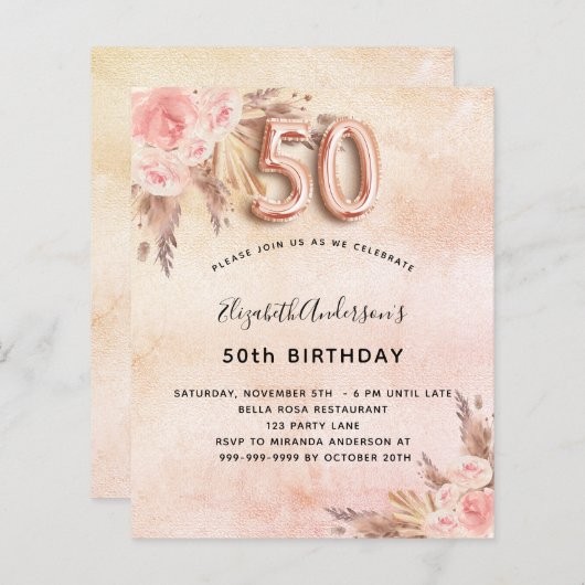50e verjaardag Pampas Grass roos uitnodiging (Voorkant / Achterkant)