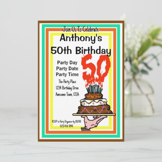 50e verjaardag Party Chocolade Cake Retro Kleuren Kaart (Staand voorkant)