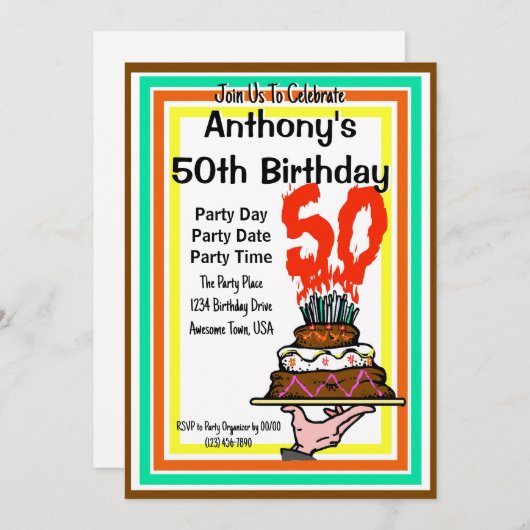 50e verjaardag Party Chocolade Cake Retro Kleuren Kaart (Voorkant / Achterkant)