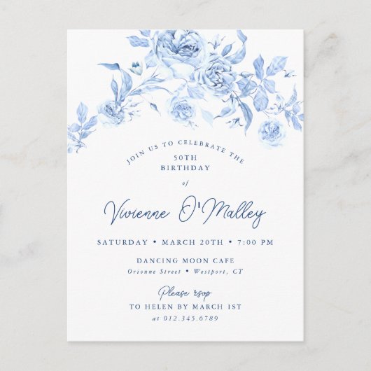 50e Verjaardag Party Dusty Blue Roos Floral Uitnodiging Briefkaart (Voorkant)