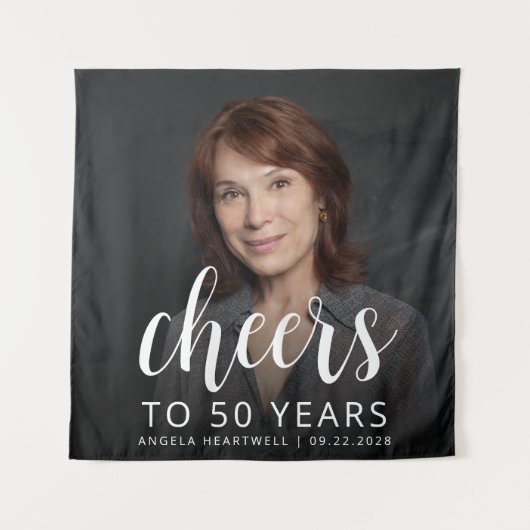 50e verjaardag Party Foto Wit Script Cheers Wandkleed (Voorkant)