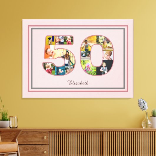 50e verjaardag Party Fotocollage Dusty Blush Roze Canvas Afdruk (Insitu (Woonkamer))