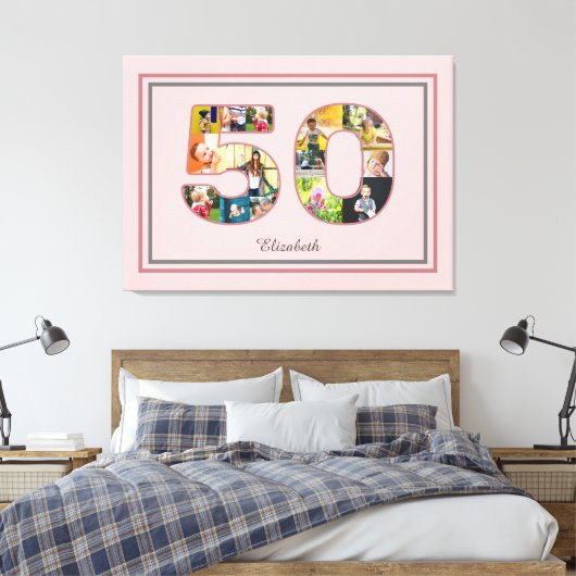 50e verjaardag Party Fotocollage Dusty Blush Roze Canvas Afdruk (Insitu (Slaapkamer))