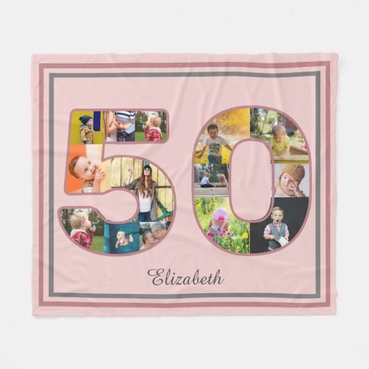 50e verjaardag Party Fotocollage Dusty Blush Roze Fleece Deken (Voorkant (Horizontaal))