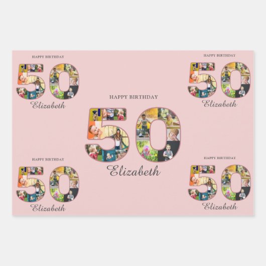 50e verjaardag Party Fotocollage Dusty Blush Roze Inpakpapier Vel (Voorkant)