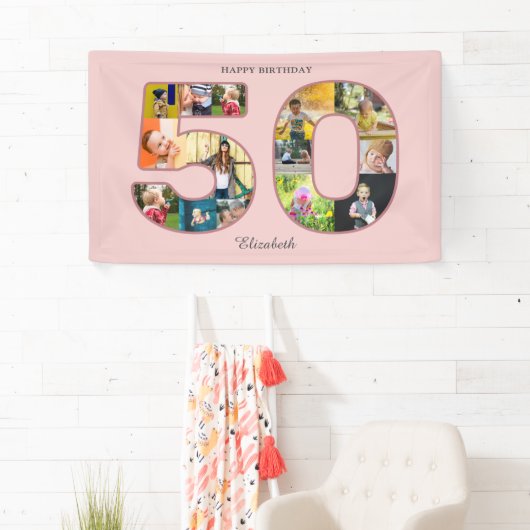 50e verjaardag Party Fotocollage Dusty Blush Roze Spandoek (Insitu)