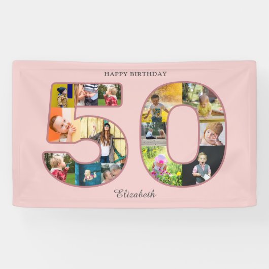 50e verjaardag Party Fotocollage Dusty Blush Roze Spandoek (Horizontaal)