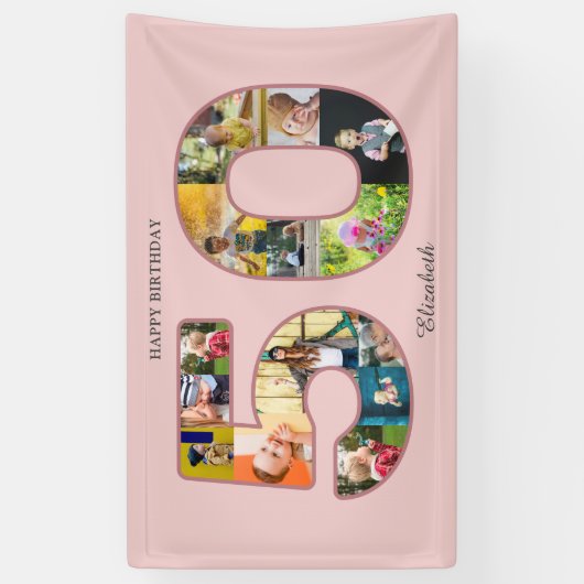 50e verjaardag Party Fotocollage Dusty Blush Roze Spandoek (Verticaal)
