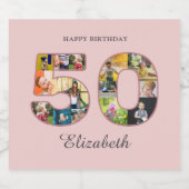 50e verjaardag Party Fotocollage Dusty Blush Roze Sparkling Wijnetiket (Enkel label)