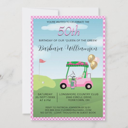 50e verjaardag Party Lady Golfer thema uitnodiging (Voorkant)