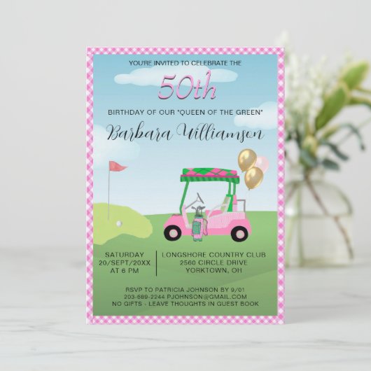 50e verjaardag Party Lady Golfer thema uitnodiging (Staand voorkant)