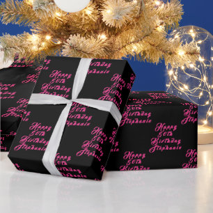 50e verjaardag Party Naam Zwart Roze Modern Patroo Cadeaupapier