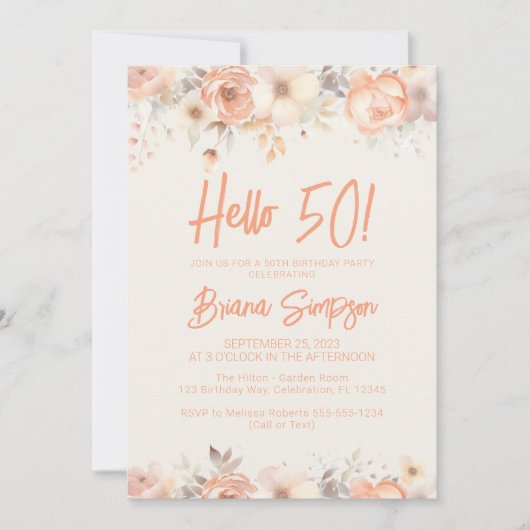 50e Verjaardag Party Perzik Ivoor Bloemen Kaart (Voorkant)