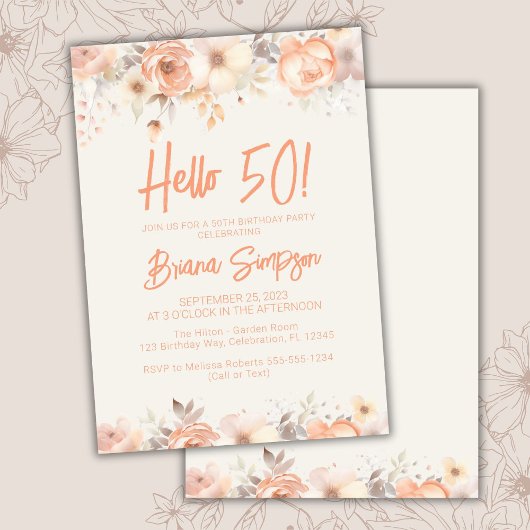 50e Verjaardag Party Perzik Ivoor Bloemen Kaart