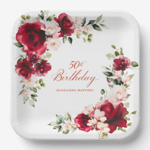 50e Verjaardag Party Rood Roze Bloemen Custom Papieren Bordje