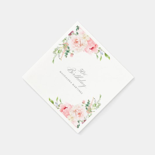 50e Verjaardag Party Roze Bloemen Custom Cocktail Servet (Hoek)