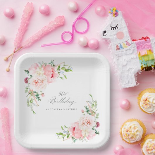 50e Verjaardag Party Roze Bloemen Custom Papieren Bordje (Feest)
