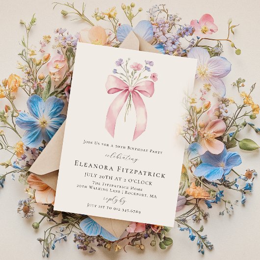 50e Verjaardag Party Roze Coquette Bow Wildflower Kaart