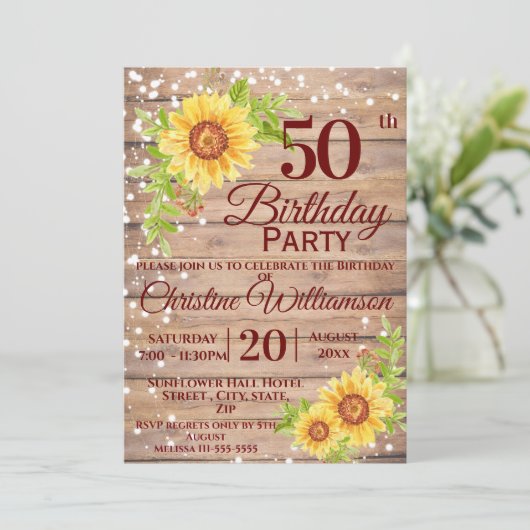 50e Verjaardag Party Rustieke Bloemen Zonnebloem Kaart (Staand voorkant)