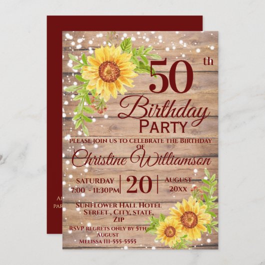 50e Verjaardag Party Rustieke Bloemen Zonnebloem Kaart (Voorkant / Achterkant)