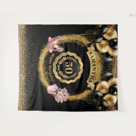 50e Verjaardag Party Tapestry Gouden Glitter Ballo Wandkleed (Voorkant (horizontaal))