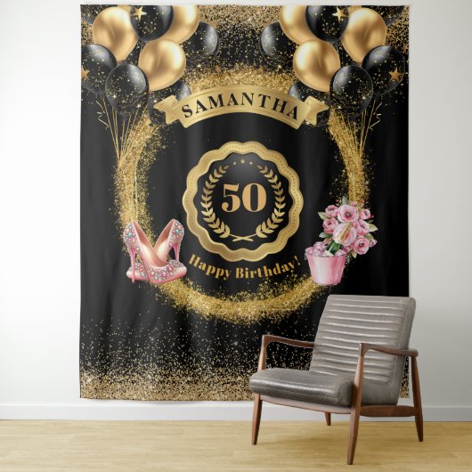 50e Verjaardag Party Tapestry Gouden Glitter Ballo Wandkleed (In situ)